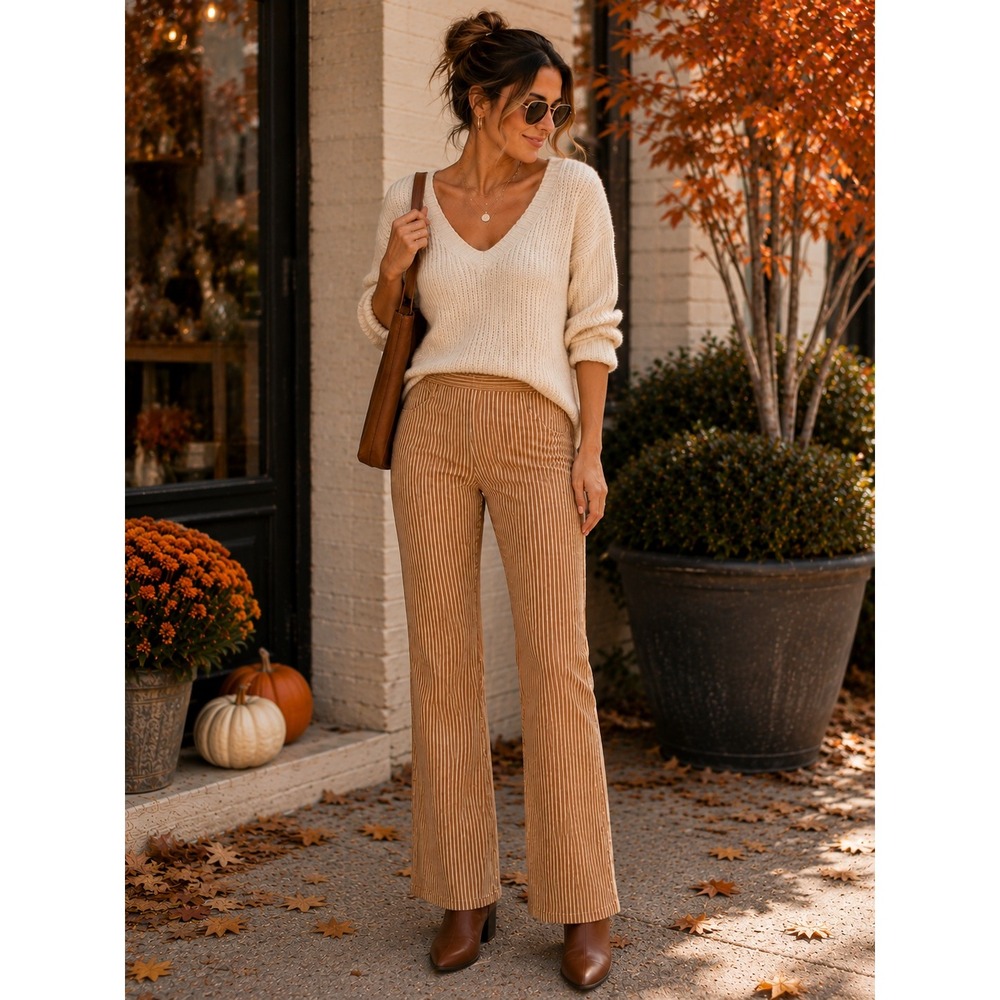 Newbury Kustom Flare Pant Women Large Brown Pinstripe Bell Bottom Stretch Cotton